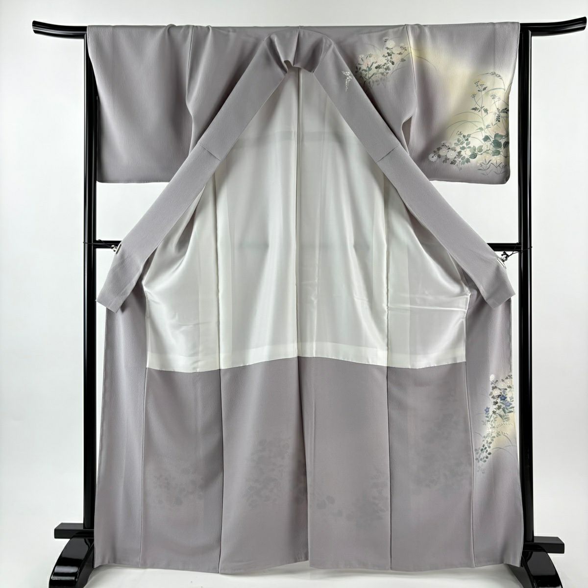 【美品】訪問服 身長167cm 袖長65cm M 雙層 洛樂人 落款あり 秋草 金銀彩 漸層 灰色 純蠶絲 逸品級