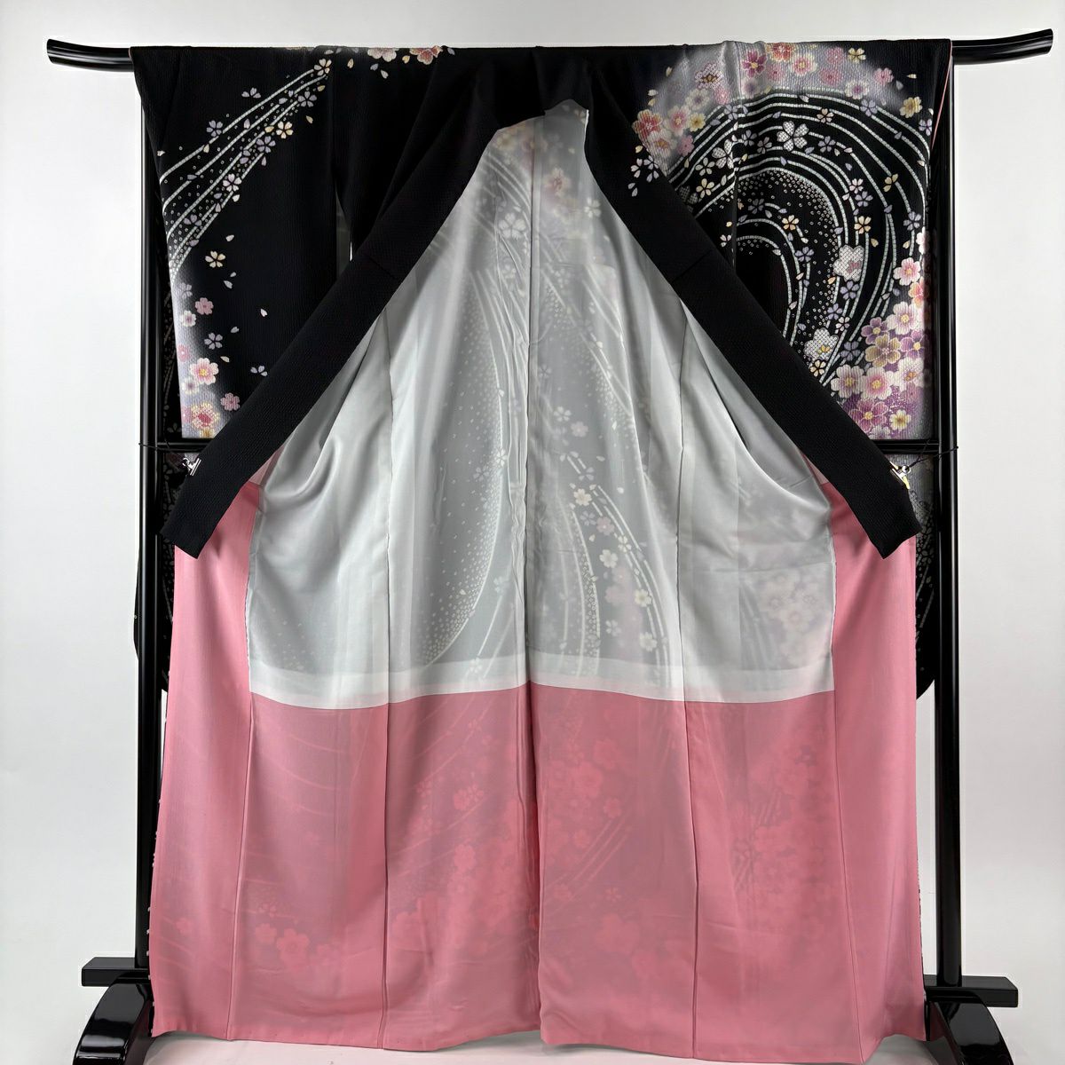 【美品】振袖禮服 身長168.5cm 袖長68cm L 雙層櫻櫻花瓣 金金箔金銀彩 黑純蠶絲 逸品級