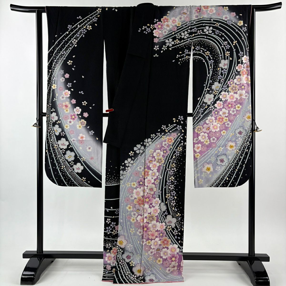 【美品】振袖禮服 身長168.5cm 袖長68cm L 雙層櫻櫻花瓣 金金箔金銀彩 黑純蠶絲 逸品級