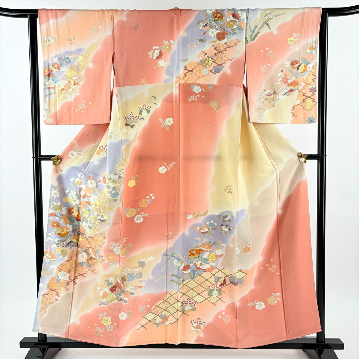 訪問服 身長155cm 袖長65cm M 雙層 千總 落款 草花紋紋 菱形刺繡 金線 鮭粉色 純蠶絲 逸品級