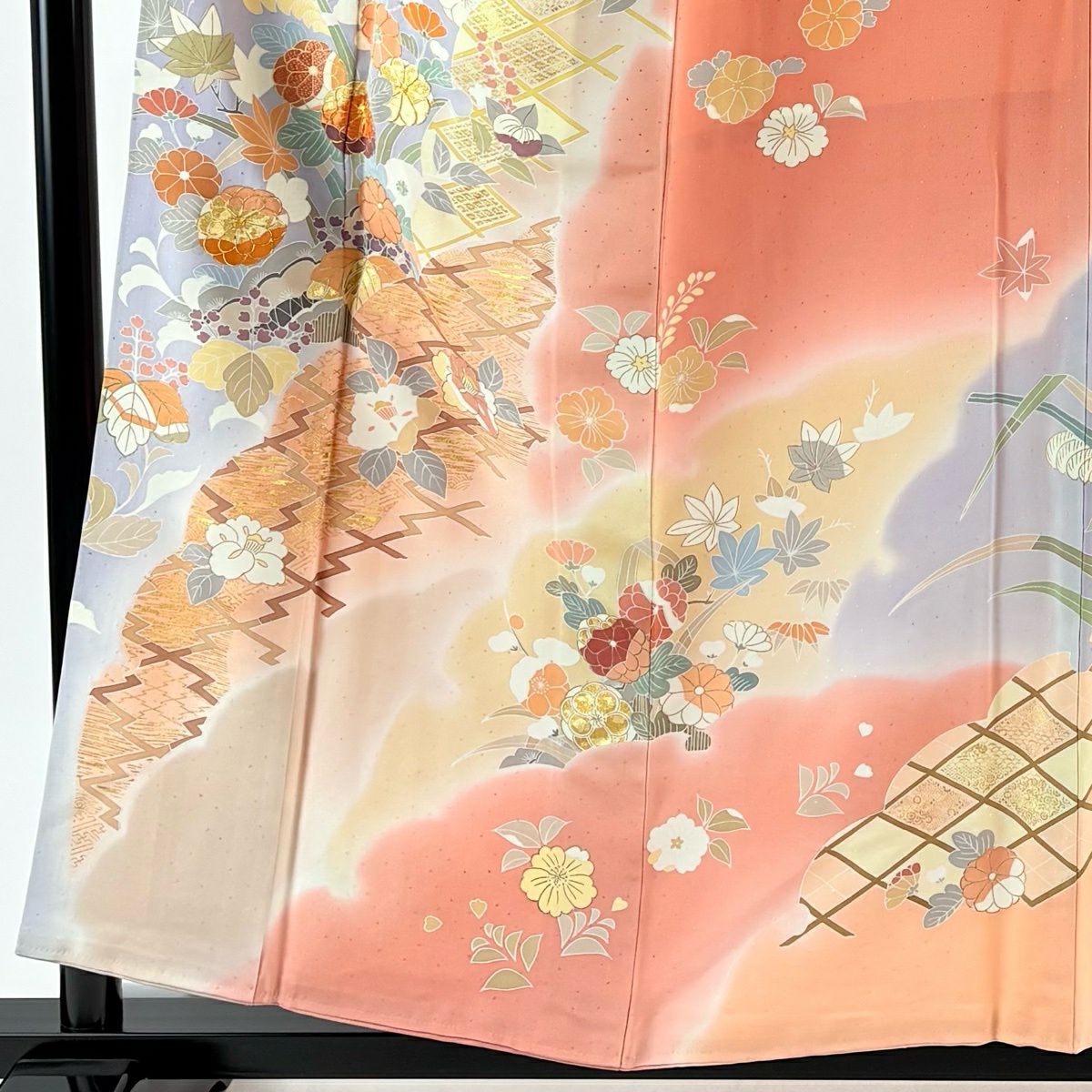 訪問服 身長155cm 袖長65cm M 雙層 千總 落款 草花紋紋 菱形刺繡 金線 鮭粉色 純蠶絲 逸品級