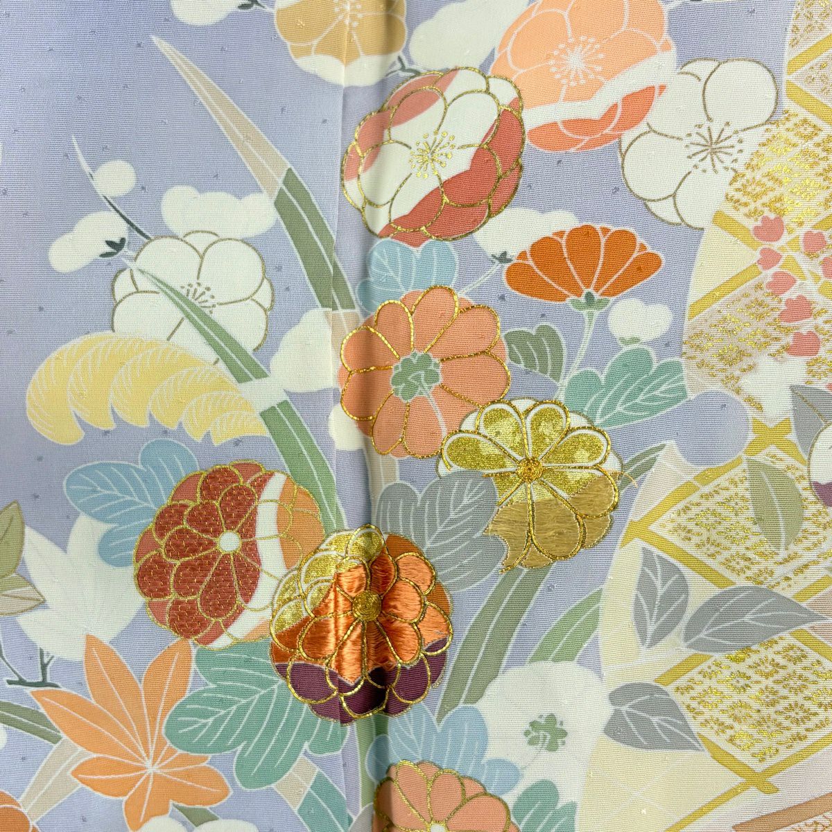 訪問服 身長155cm 袖長65cm M 雙層 千總 落款 草花紋紋 菱形刺繡 金線 鮭粉色 純蠶絲 逸品級