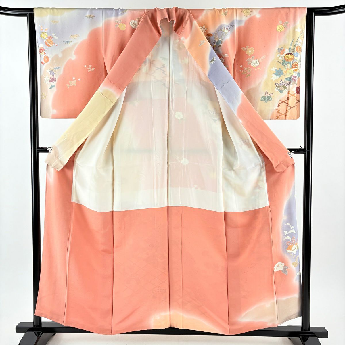 訪問服 身長155cm 袖長65cm M 雙層 千總 落款 草花紋紋 菱形刺繡 金線 鮭粉色 純蠶絲 逸品級
