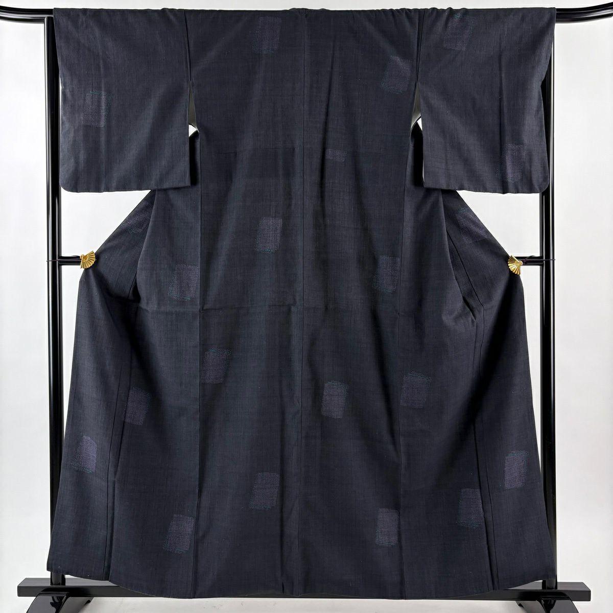 【美品】結城紬織 身長158.5cm 袖長67cm M 雙層 本場結城紬織 奥順 100飛 證書あり 色紙 龜甲絣 黑灰 純蠶絲 逸品級