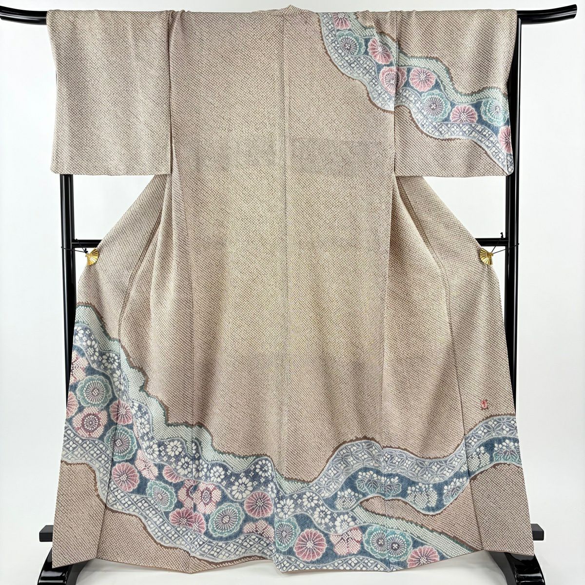 訪問服 身長165cm 袖長71cm L 雙層 落款 花 霞 總絞染 灰茶 純蠶絲 逸品級