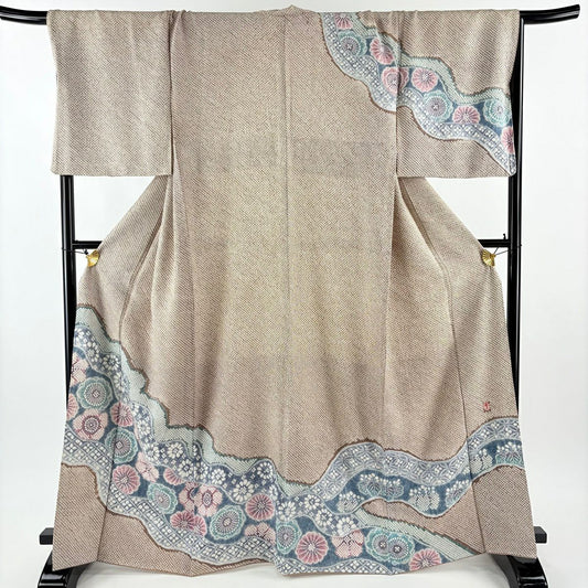 訪問服 身長165cm 袖長71cm L 雙層 落款 花 霞 總絞染 灰茶 純蠶絲 逸品級