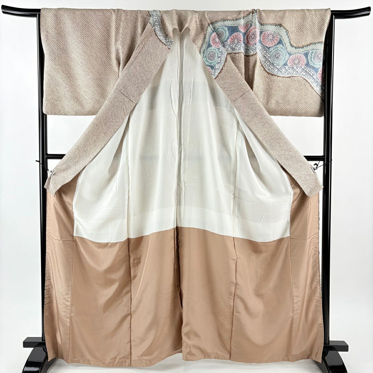 訪問服 身長165cm 袖長71cm L 雙層 落款 花 霞 總絞染 灰茶 純蠶絲 逸品級