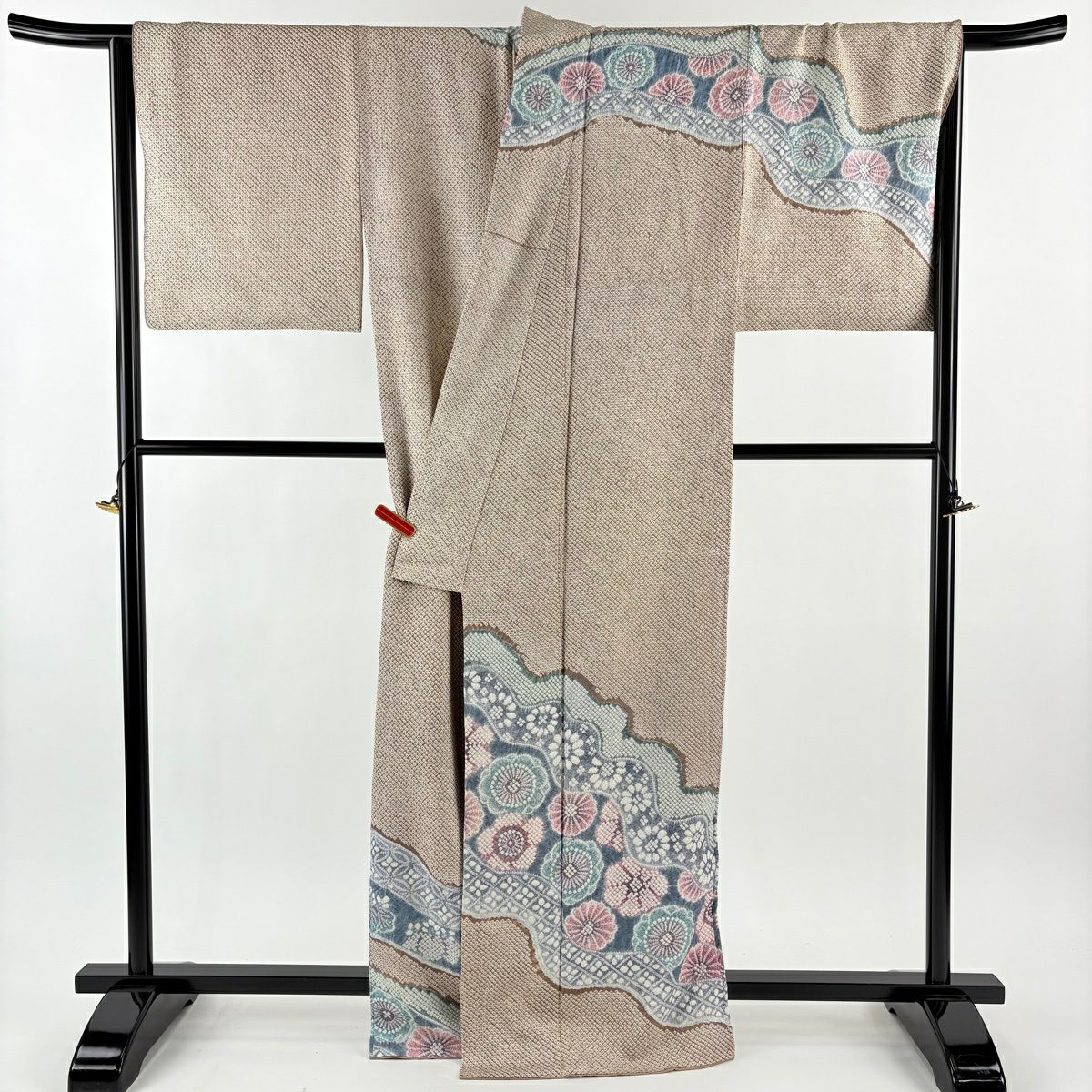 訪問服 身長165cm 袖長71cm L 雙層 落款 花 霞 總絞染 灰茶 純蠶絲 逸品級