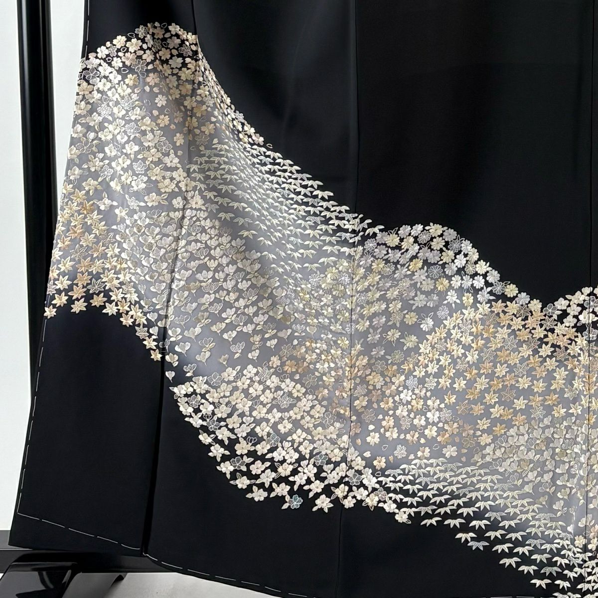 【美品】訪問服 身長161.5cm 袖長63.5cm S 雙層 櫻花 蘆竹子 刺繡 金線 黑 純蠶絲 逸品級