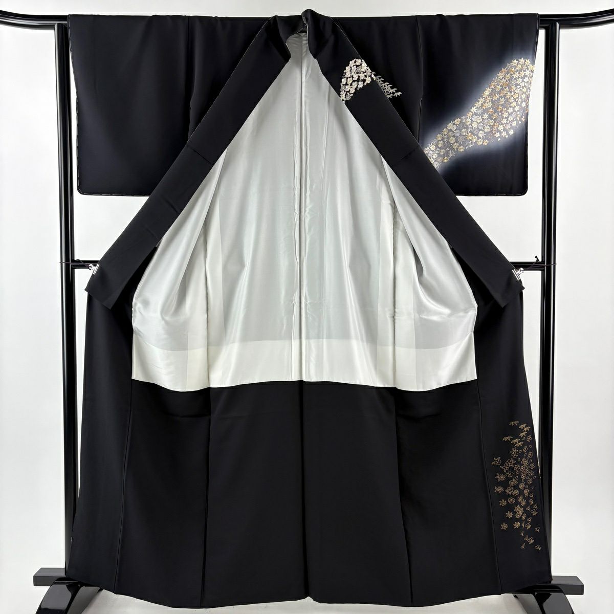 【美品】訪問服 身長161.5cm 袖長63.5cm S 雙層 櫻花 蘆竹子 刺繡 金線 黑 純蠶絲 逸品級