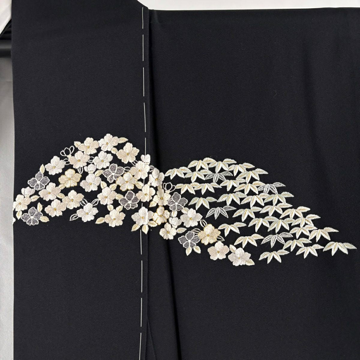 【美品】訪問服 身長161.5cm 袖長63.5cm S 雙層 櫻花 蘆竹子 刺繡 金線 黑 純蠶絲 逸品級