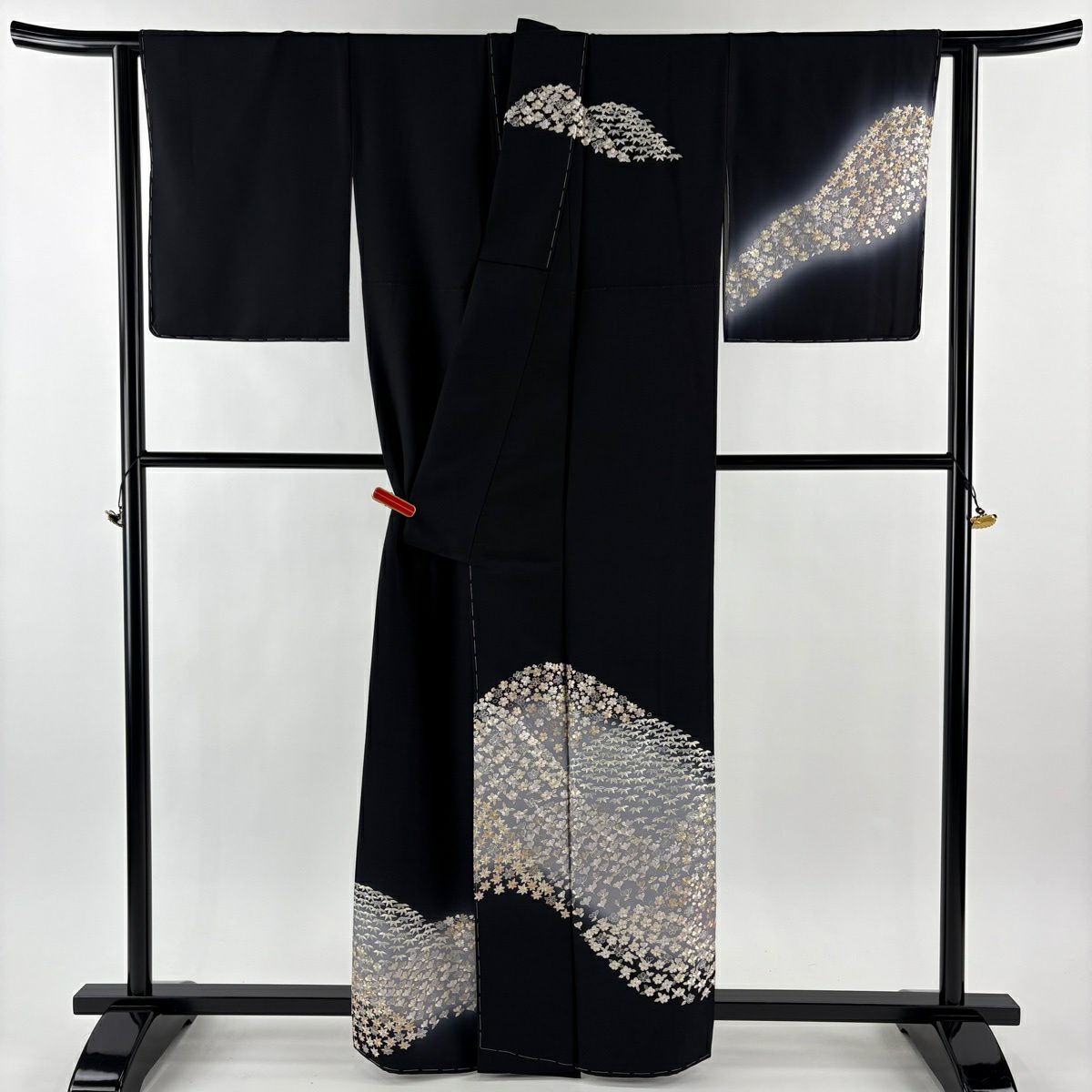 【美品】訪問服 身長161.5cm 袖長63.5cm S 雙層 櫻花 蘆竹子 刺繡 金線 黑 純蠶絲 逸品級