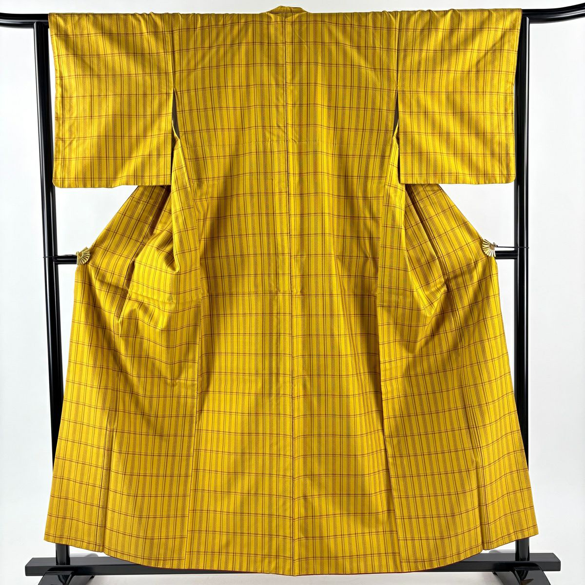 【美品】 紬織 身長157cm 袖長65cm M 雙層 本場黃八丈 證書齊全 格子 山吹茶 純蠶絲 逸品級