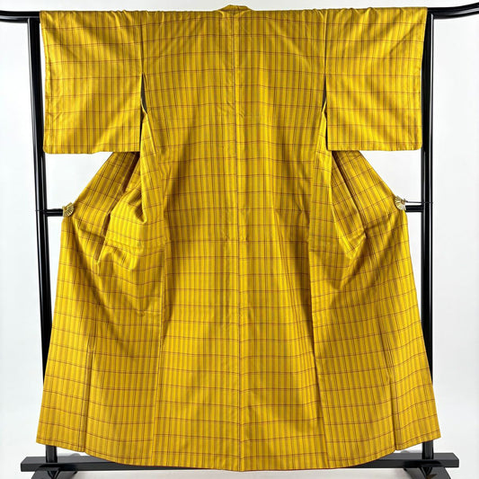 【美品】 紬織 身長157cm 袖長65cm M 雙層 本場黃八丈 證書齊全 格子 山吹茶 純蠶絲 逸品級