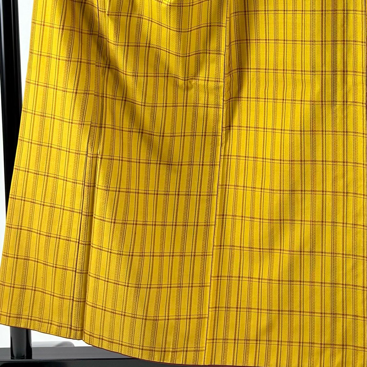【美品】 紬織 身長157cm 袖長65cm M 雙層 本場黃八丈 證書齊全 格子 山吹茶 純蠶絲 逸品級