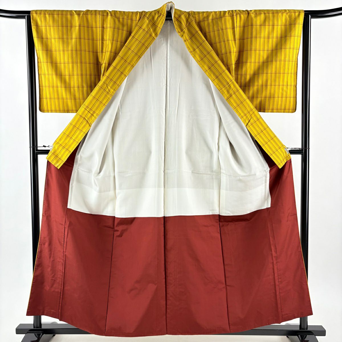 【美品】 紬織 身長157cm 袖長65cm M 雙層 本場黃八丈 證書齊全 格子 山吹茶 純蠶絲 逸品級