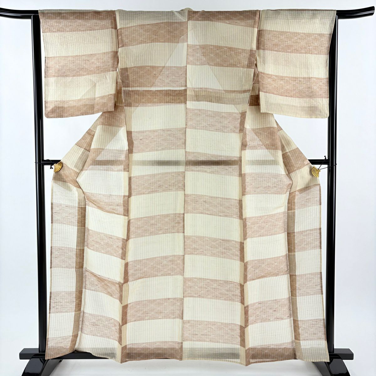 【美品】 紬織 身長160cm 袖長65cm M 薄物 夏紬織 縞 段縞 薄茶 純蠶絲 逸品級