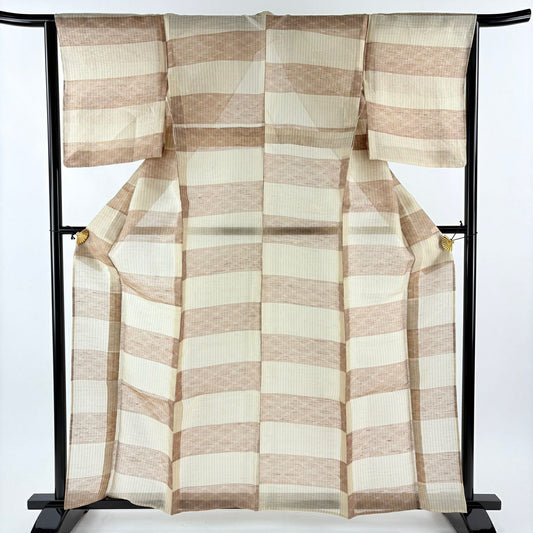 【美品】 紬織 身長160cm 袖長65cm M 薄物 夏紬織 縞 段縞 薄茶 純蠶絲 逸品級