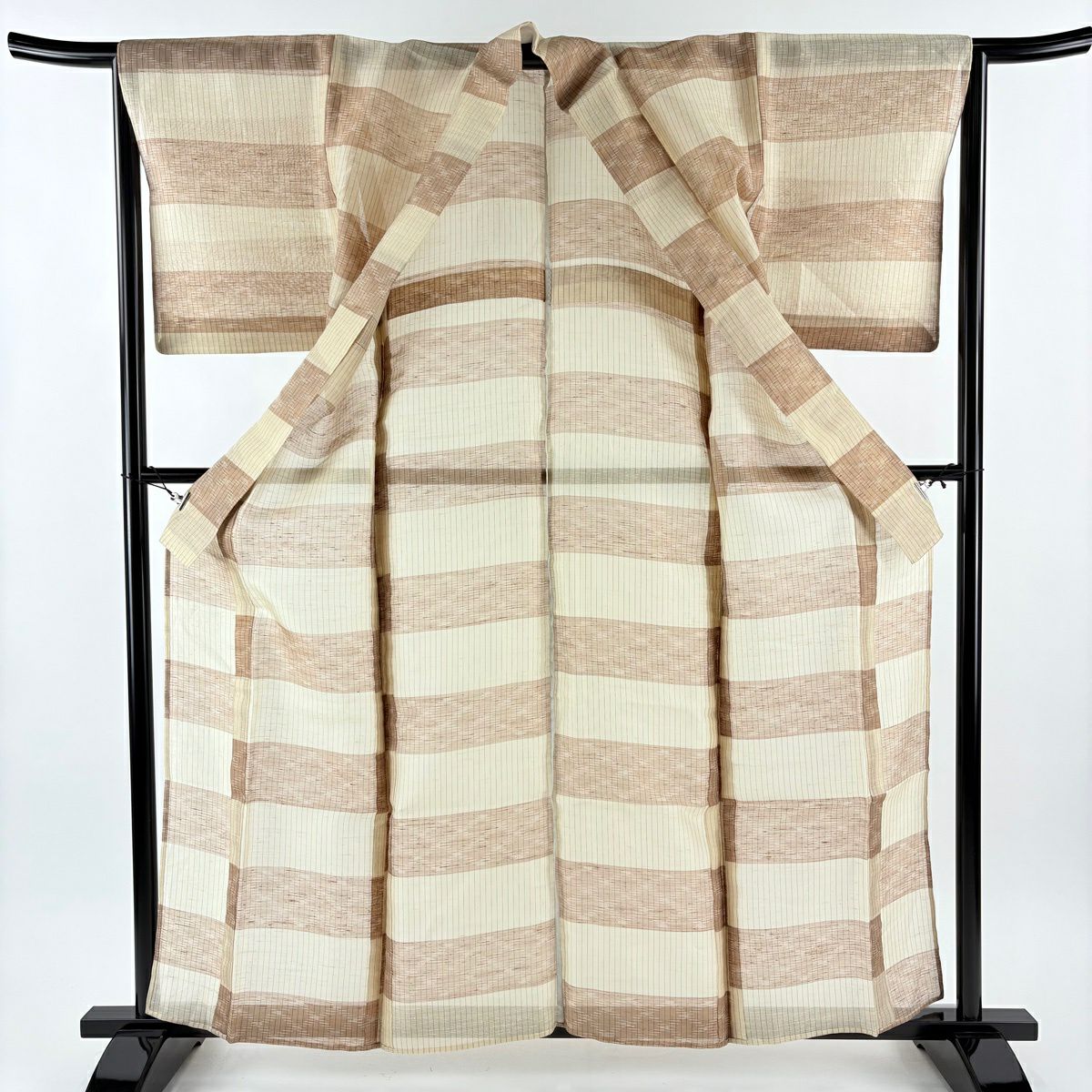 【美品】 紬織 身長160cm 袖長65cm M 薄物 夏紬織 縞 段縞 薄茶 純蠶絲 逸品級