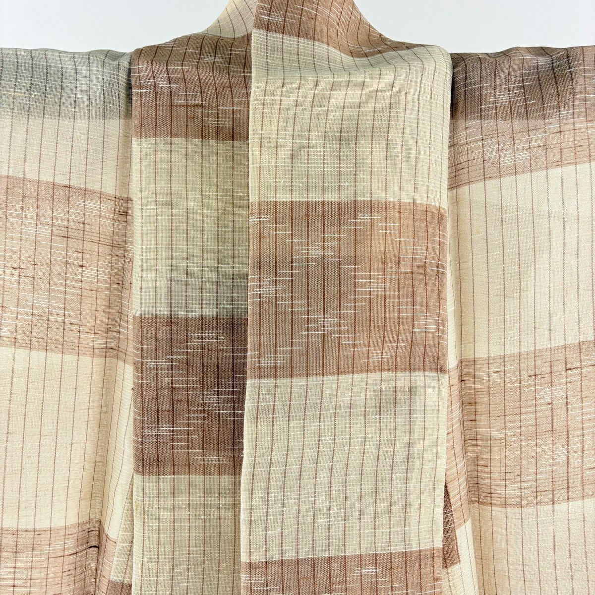 【美品】 紬織 身長160cm 袖長65cm M 薄物 夏紬織 縞 段縞 薄茶 純蠶絲 逸品級