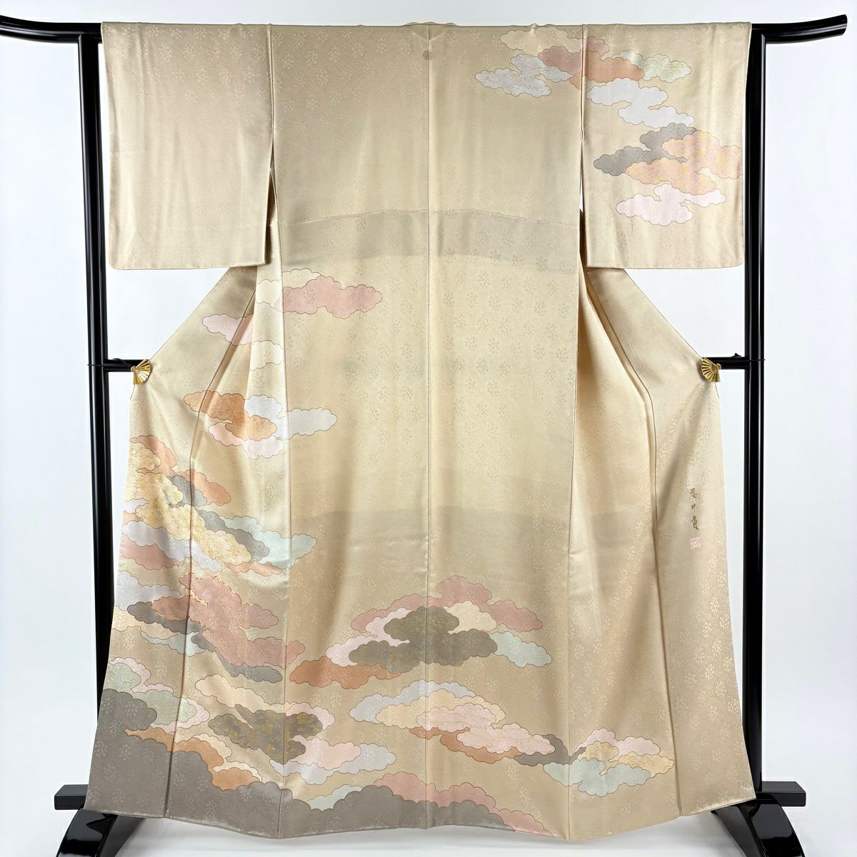 訪問服 身長162cm 袖長65cm M 雙層 藤井寛 落款あり 雲文 桔梗 金絲 金銀彩 米色 純蠶絲 逸品級 一つ紋