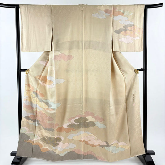 訪問服 身長162cm 袖長65cm M 雙層 藤井寛 落款あり 雲文 桔梗 金絲 金銀彩 米色 純蠶絲 逸品級 一つ紋