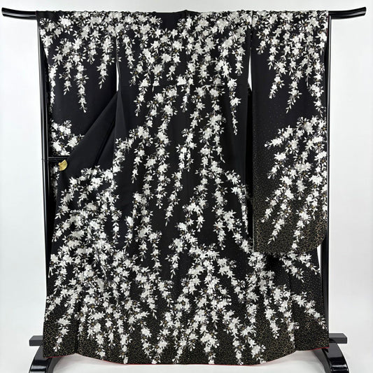 【美品】振袖禮服 身長166cm 袖長69cm L 雙層 垂枝櫻花 刺繡 金銀彩 黑 純蠶絲 逸品級