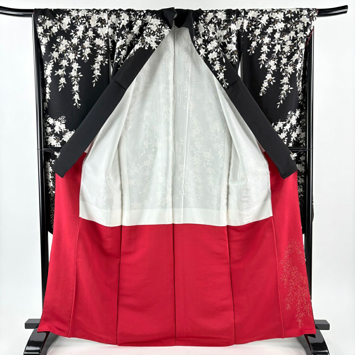 【美品】振袖禮服 身長166cm 袖長69cm L 雙層 垂枝櫻花 刺繡 金銀彩 黑 純蠶絲 逸品級