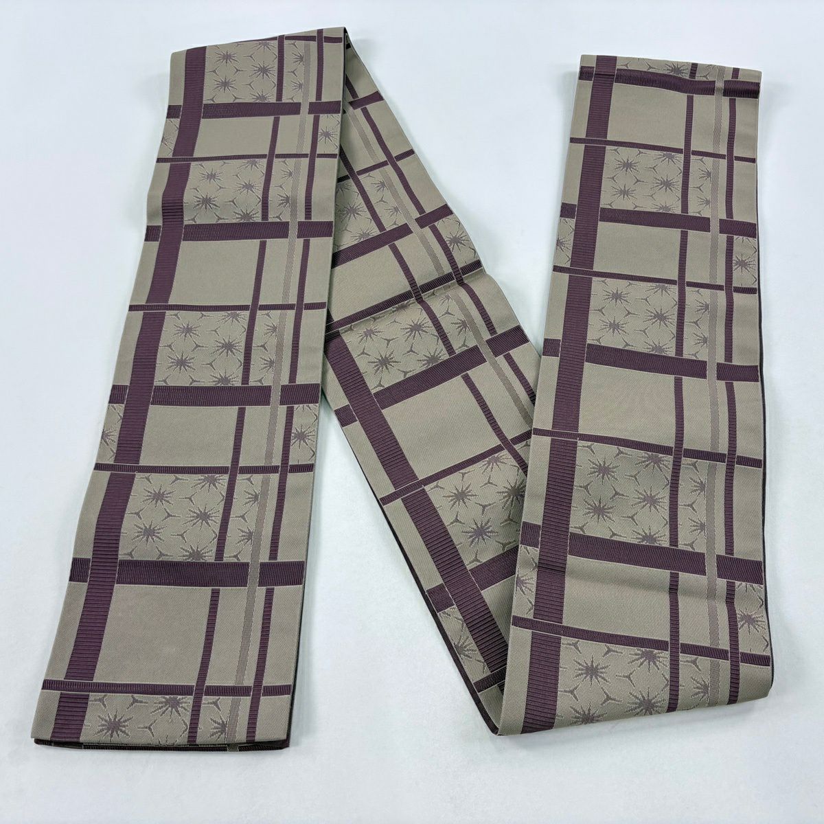 【美品】半幅帶 優品級 格子 麻葉 小豆 素材：化纖