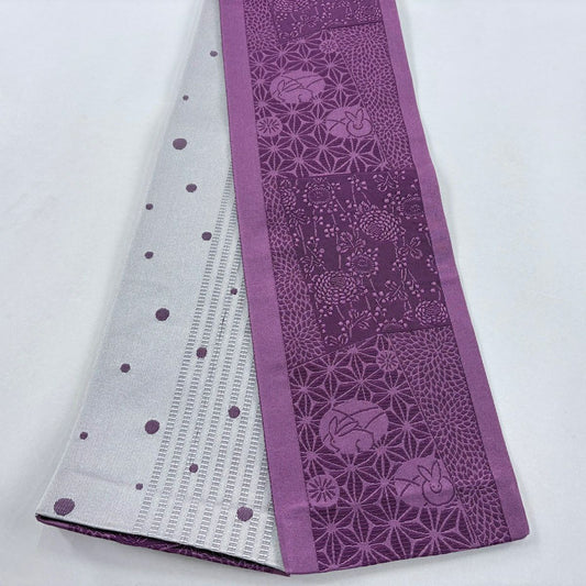 【美品】半幅帶 優品級 兔子 草花紋 紫 化纖