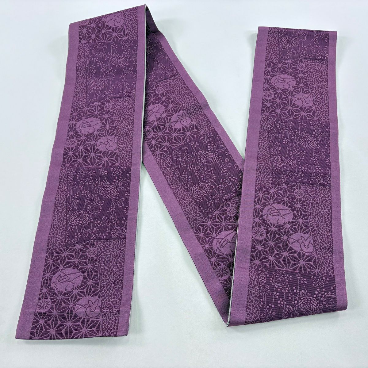 【美品】半幅帶 優品級 兔子 草花紋 紫 化纖