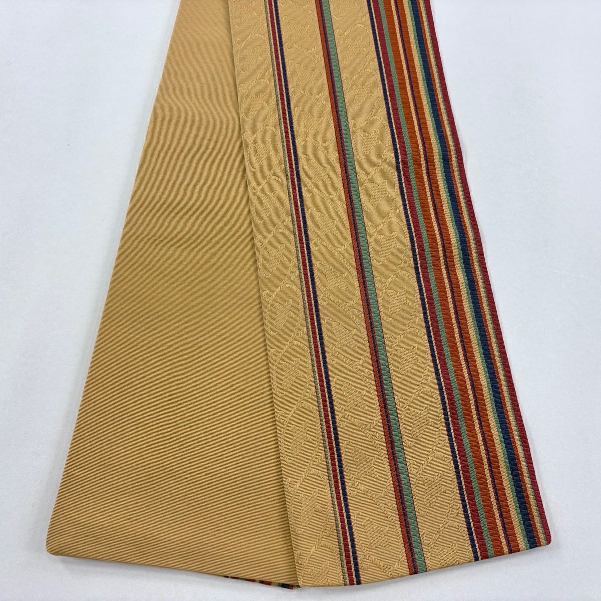 【美品】半幅帶 優品級 縞 地紋 米色 純蠶絲
