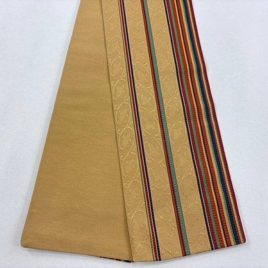 【美品】半幅帶 優品級 縞 地紋 米色 純蠶絲