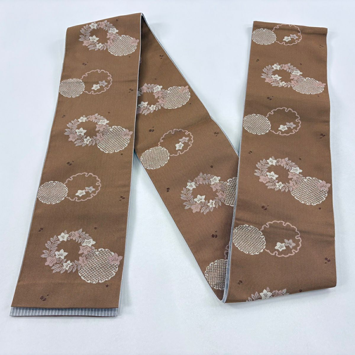 【美品】半幅帶 優品級 雪輪 花丸紋 薄茶 化纖