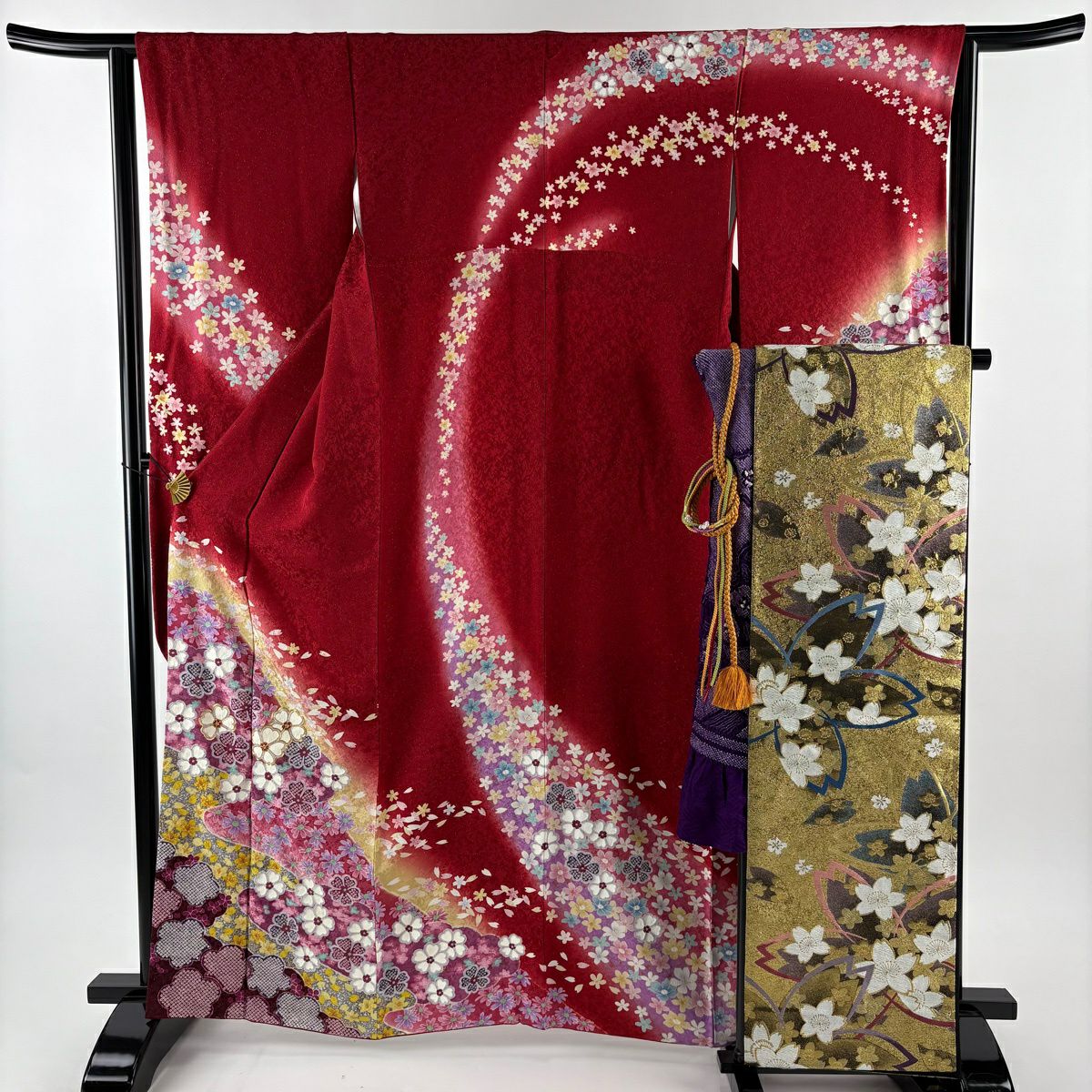 振袖禮服 身長163.5cm 袖長62.5cm S 雙層 袋帶全套 櫻花 金通 金絲 紅 純蠶絲 名品級