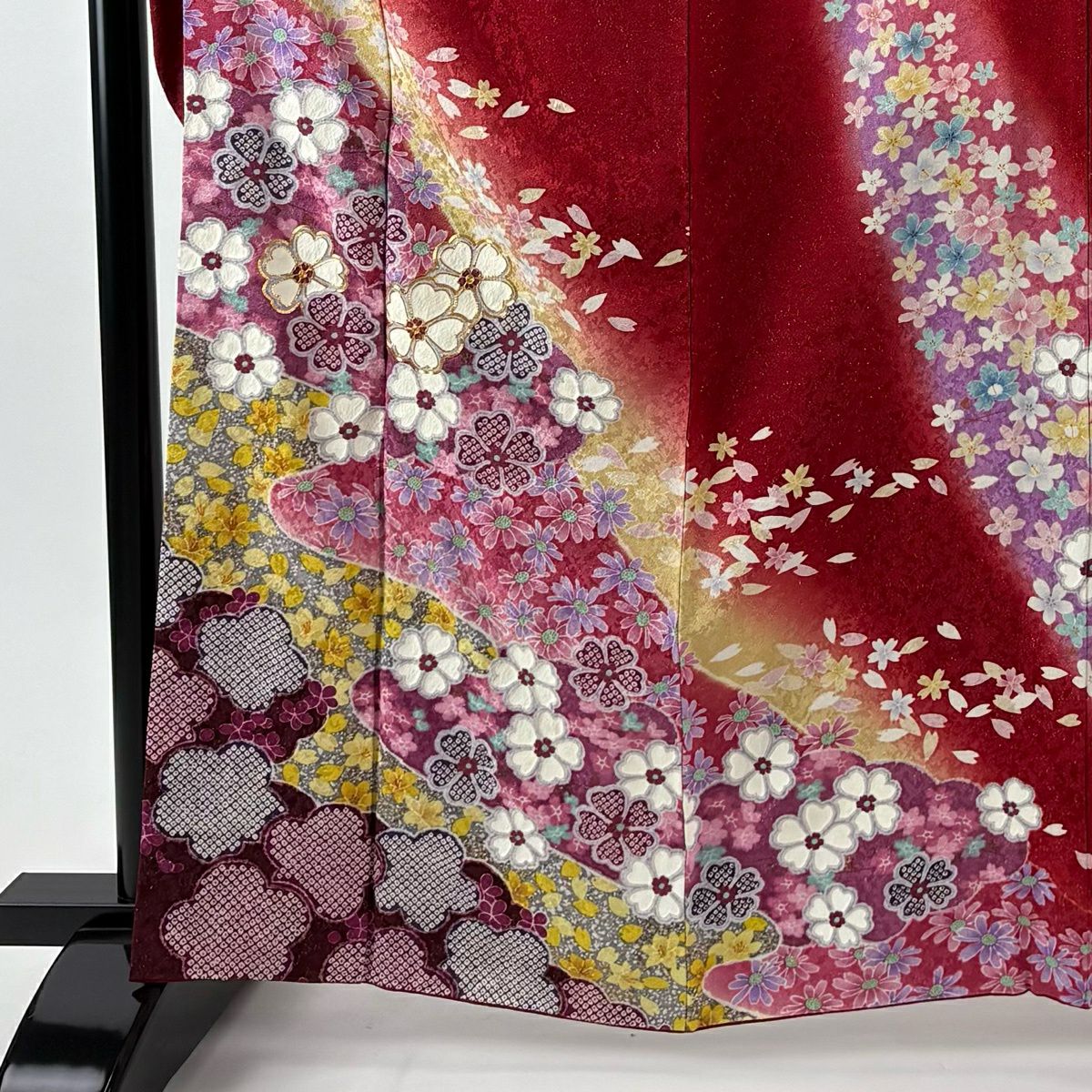 振袖禮服 身長163.5cm 袖長62.5cm S 雙層 袋帶全套 櫻花 金通 金絲 紅 純蠶絲 名品級