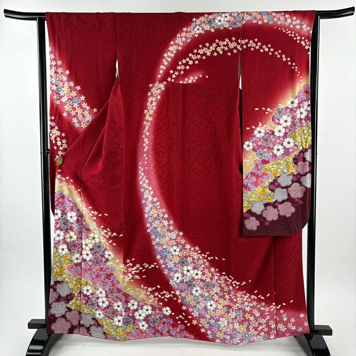 振袖禮服 身長163.5cm 袖長62.5cm S 雙層 袋帶全套 櫻花 金通 金絲 紅 純蠶絲 名品級