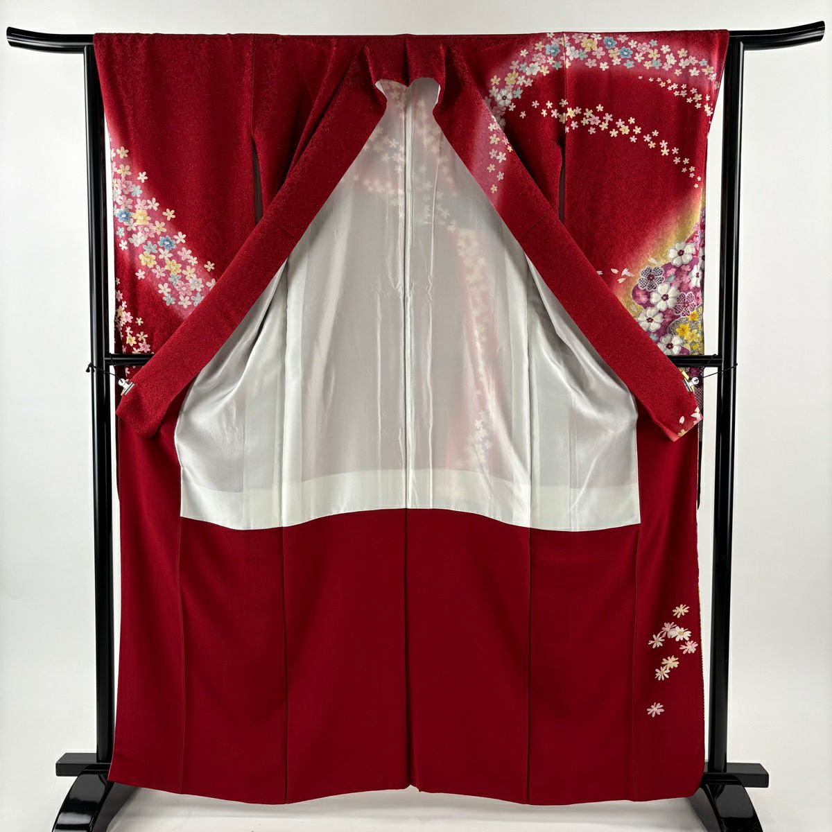 振袖禮服 身長163.5cm 袖長62.5cm S 雙層 袋帶全套 櫻花 金通 金絲 紅 純蠶絲 名品級