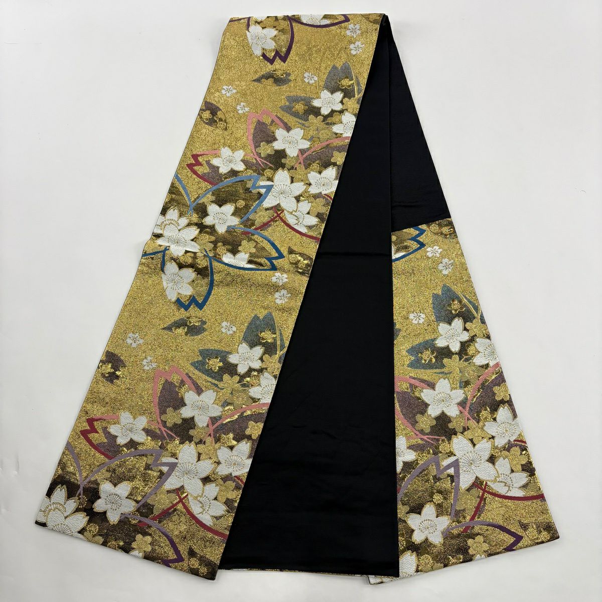 振袖禮服 身長163.5cm 袖長62.5cm S 雙層 袋帶全套 櫻花 金通 金絲 紅 純蠶絲 名品級