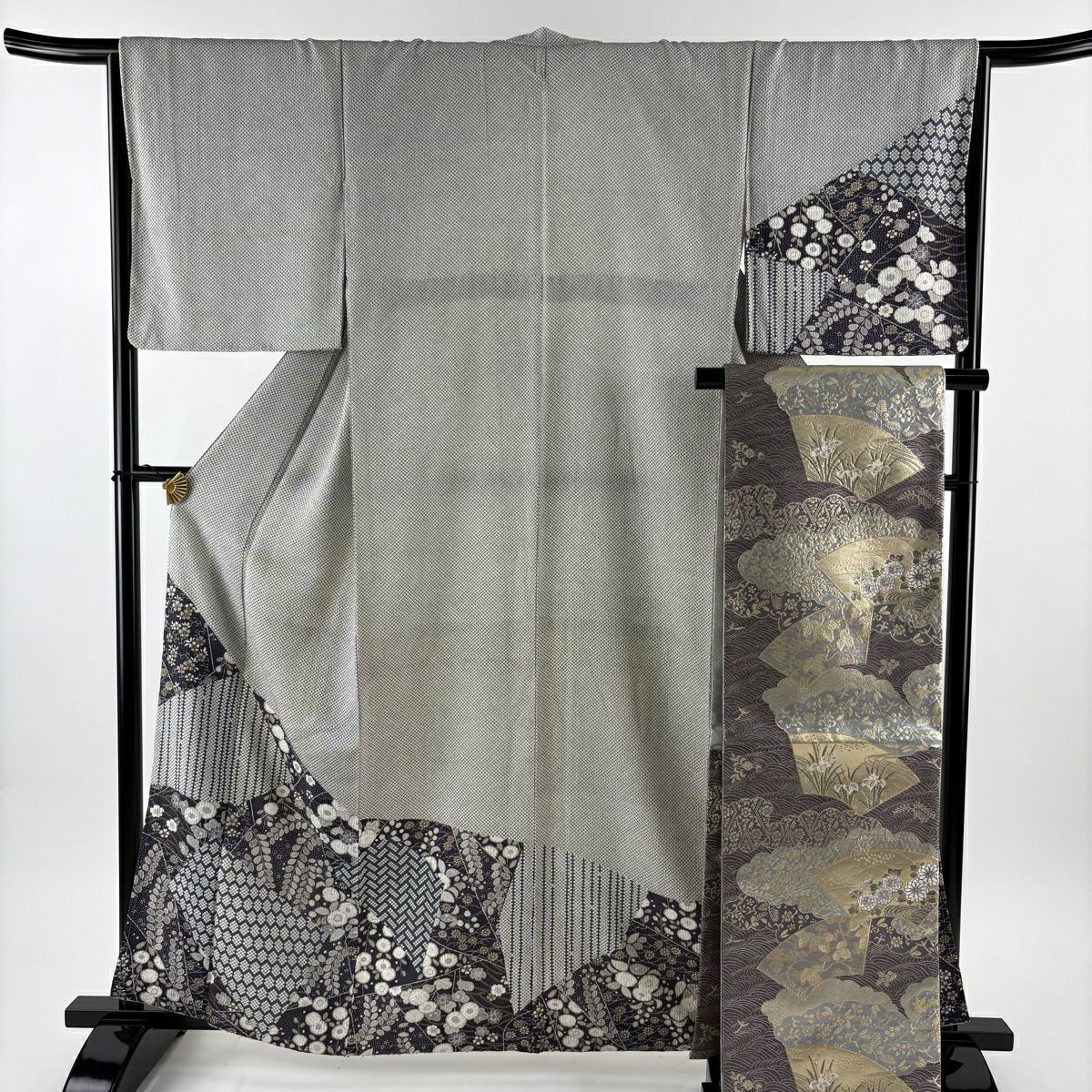 付下 身長161.5cm 袖長65cm M 雙層 袋帶套裝 疋田 櫻花 金銀彩 灰綠 純蠶絲 優品級