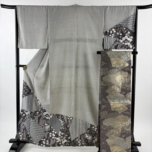 付下 身長161.5cm 袖長65cm M 雙層 袋帶套裝 疋田 櫻花 金銀彩 灰綠 純蠶絲 優品級