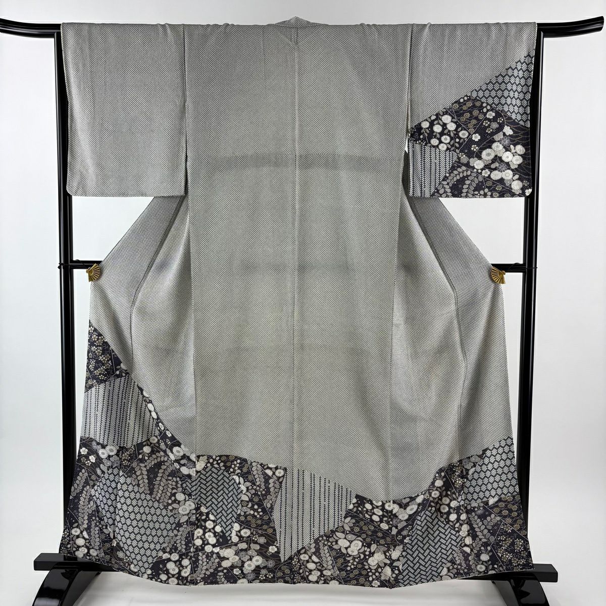 付下 身長161.5cm 袖長65cm M 雙層 袋帶套裝 疋田 櫻花 金銀彩 灰綠 純蠶絲 優品級