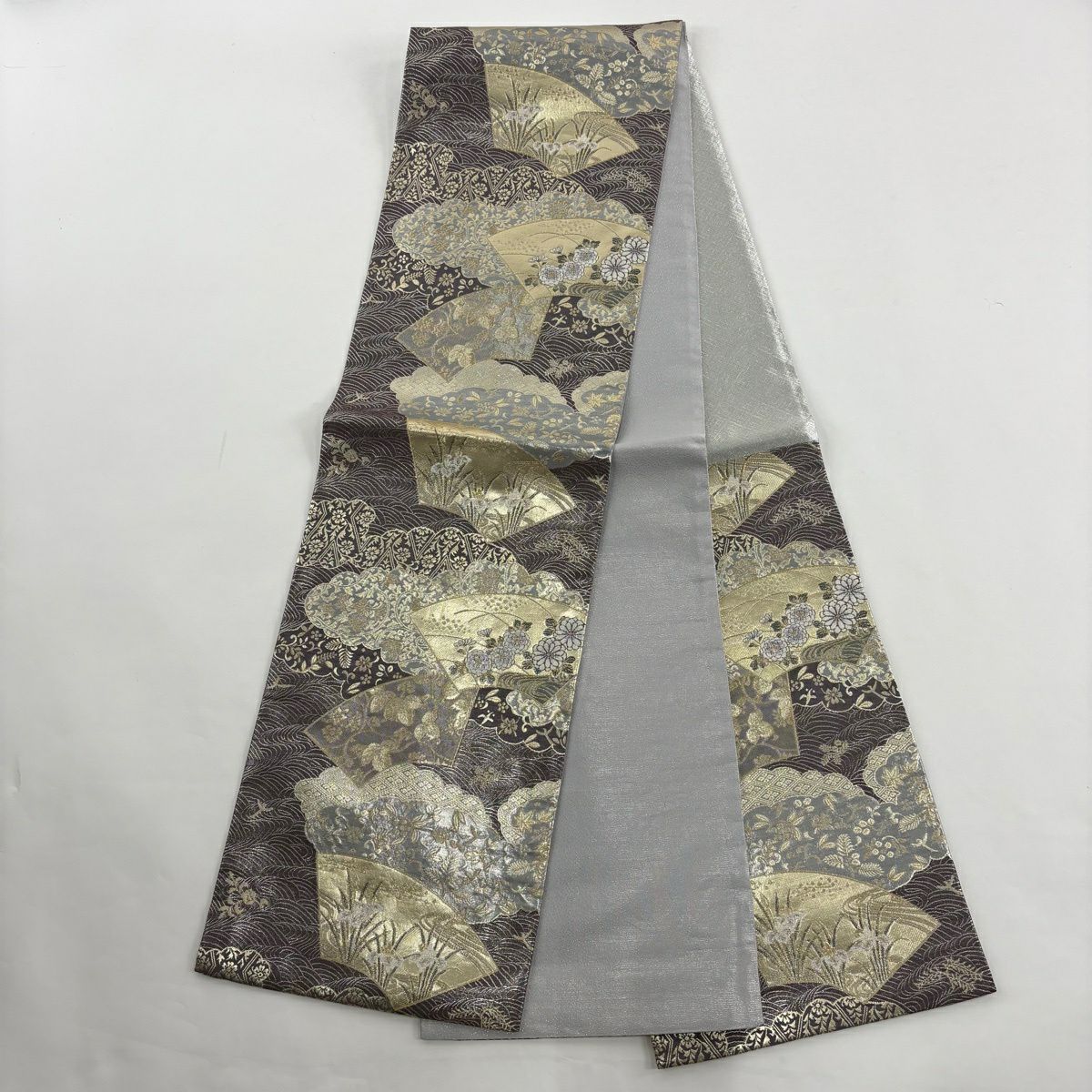 付下 身長161.5cm 袖長65cm M 雙層 袋帶套裝 疋田 櫻花 金銀彩 灰綠 純蠶絲 優品級