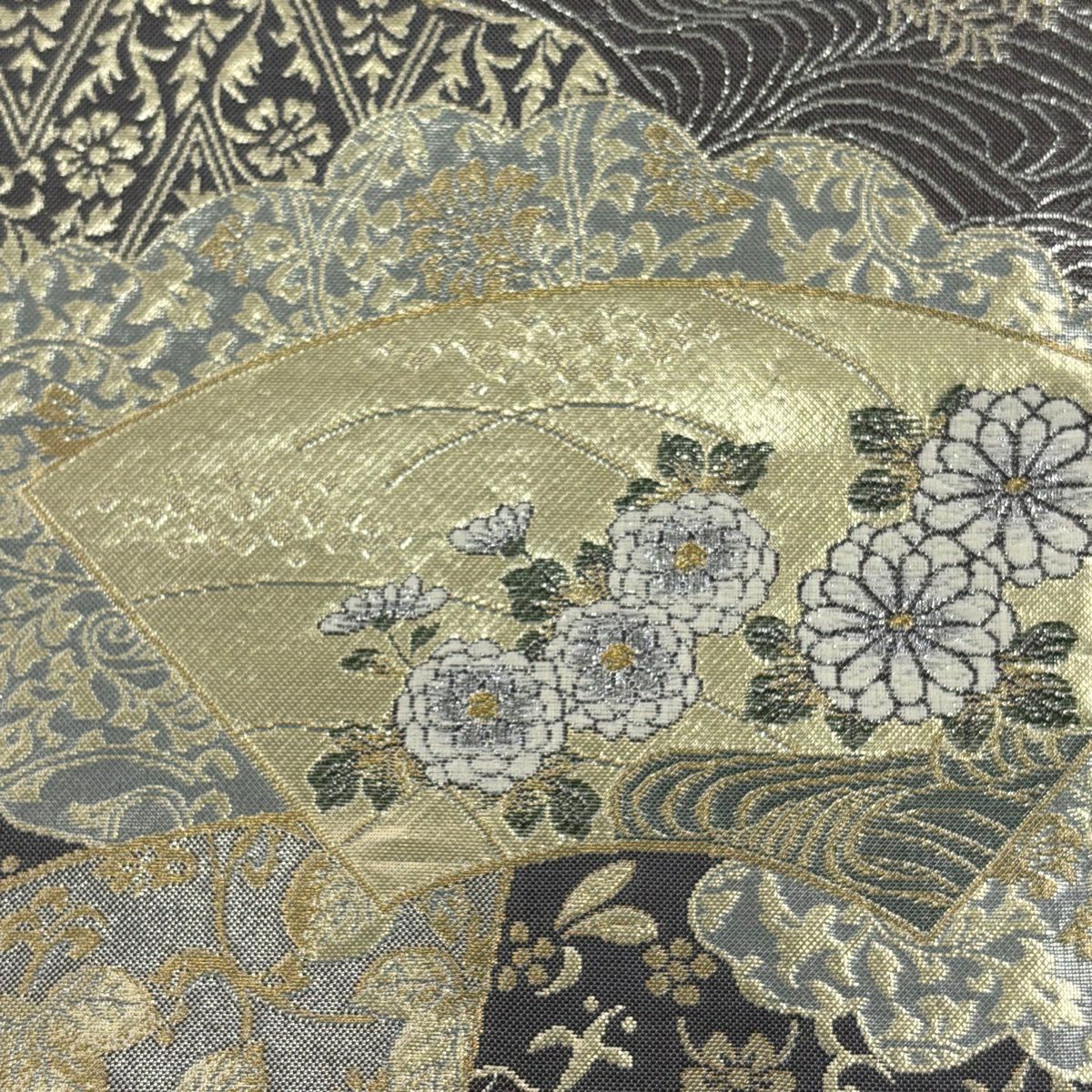 付下 身長161.5cm 袖長65cm M 雙層 袋帶套裝 疋田 櫻花 金銀彩 灰綠 純蠶絲 優品級
