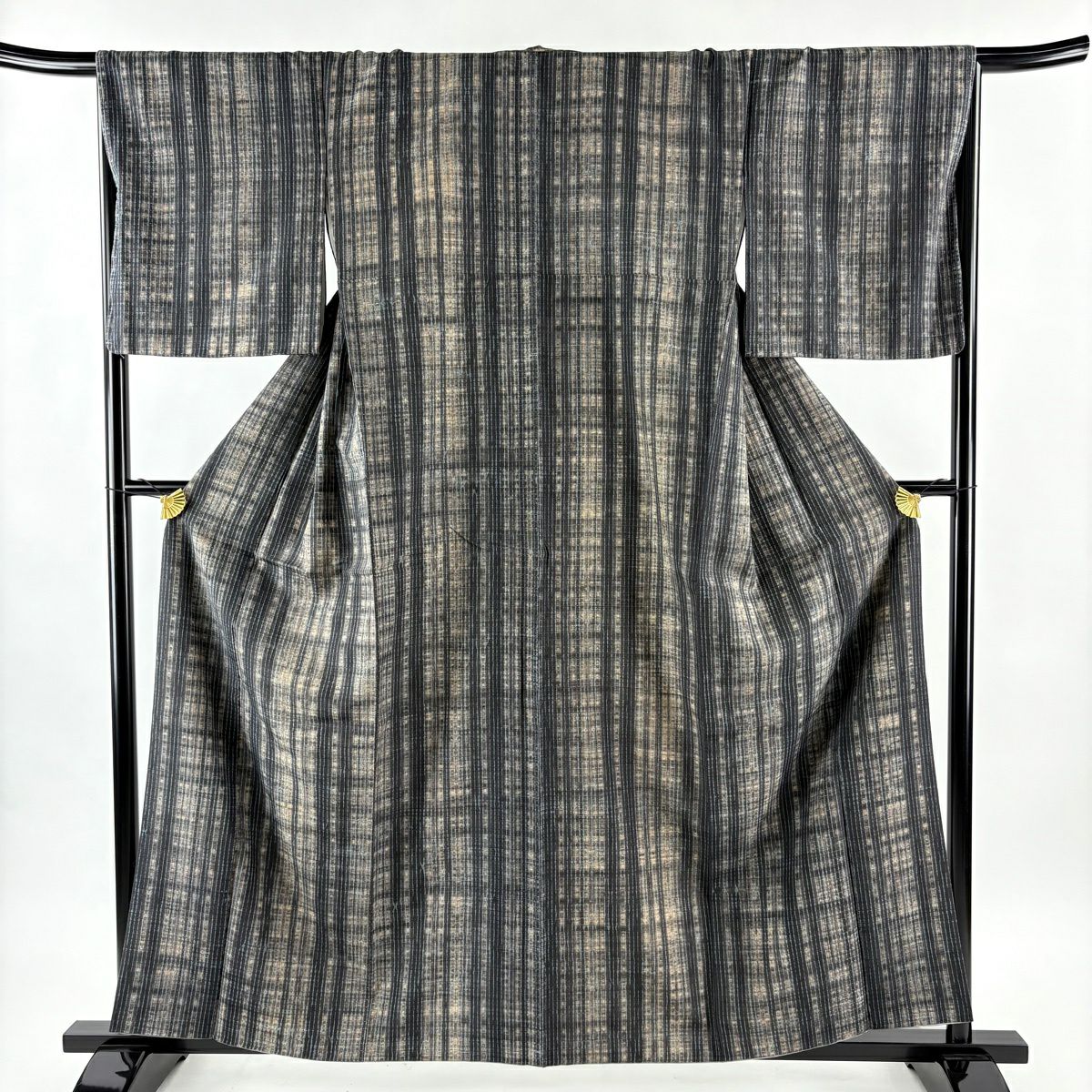 【美品】 小紋 身長159.5cm 袖長67cm M 雙層 名古屋帶套裝 紬織織 縱條 絞染 墨 黑 純蠶絲 優品級