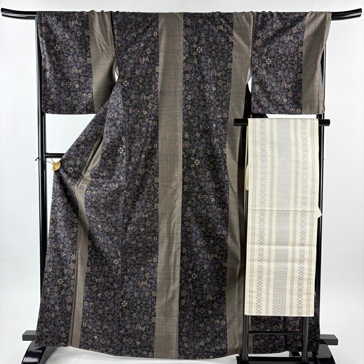 【美品】 紬織 身長167.5cm 袖長68cm L 雙層 名古屋帶套裝 草花紋 墨 黑 純蠶絲 優品級