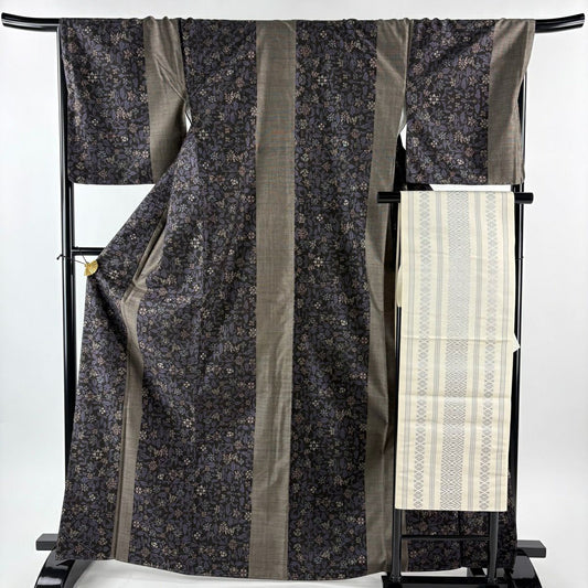 【美品】 紬織 身長167.5cm 袖長68cm L 雙層 名古屋帶套裝 草花紋 墨 黑 純蠶絲 優品級