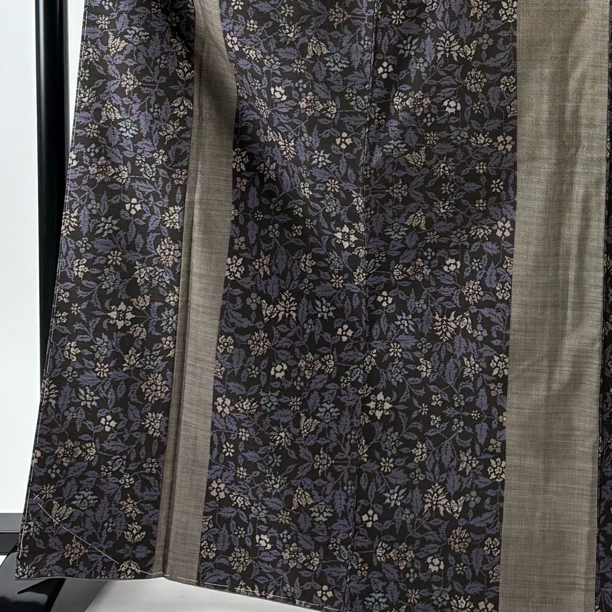 【美品】 紬織 身長167.5cm 袖長68cm L 雙層 名古屋帶套裝 草花紋 墨 黑 純蠶絲 優品級