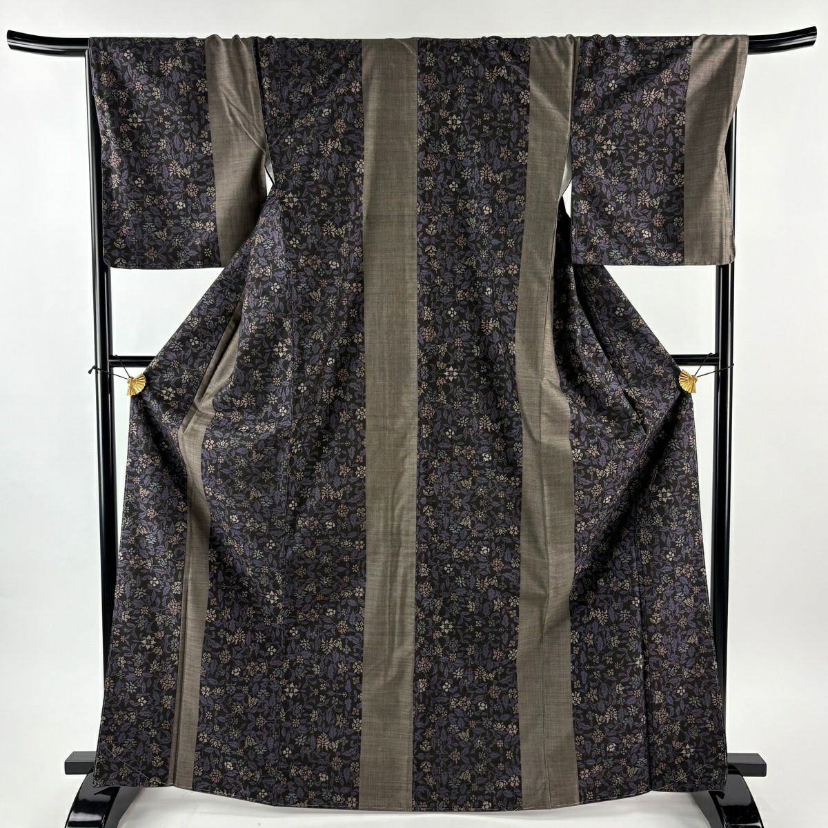 【美品】 紬織 身長167.5cm 袖長68cm L 雙層 名古屋帶套裝 草花紋 墨 黑 純蠶絲 優品級