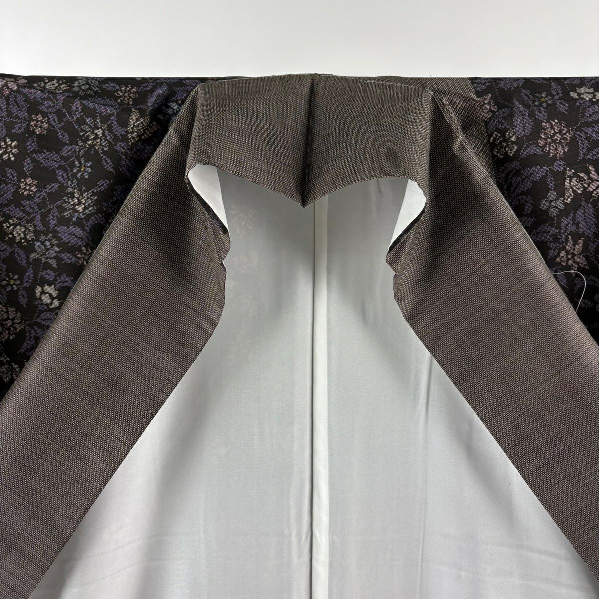 【美品】 紬織 身長167.5cm 袖長68cm L 雙層 名古屋帶套裝 草花紋 墨 黑 純蠶絲 優品級